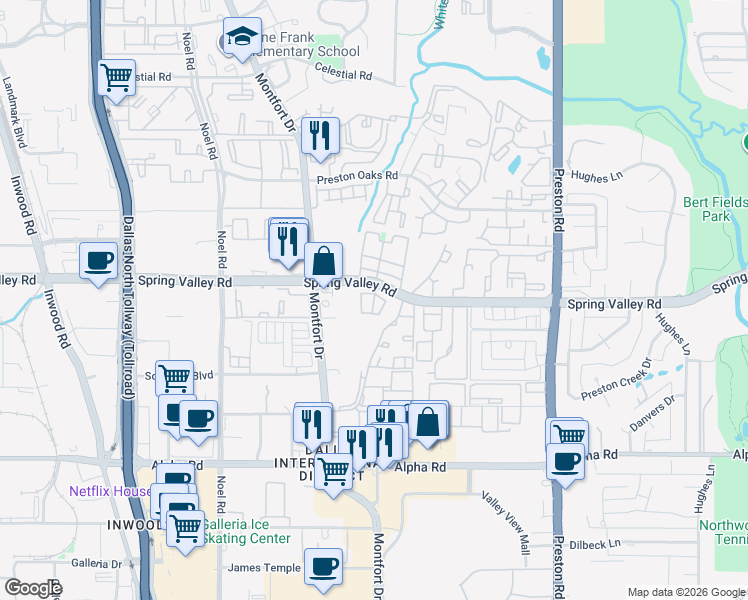 map of restaurants, bars, coffee shops, grocery stores, and more near 5590 Spring Valley Road in Dallas