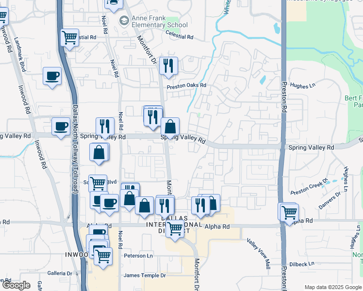 map of restaurants, bars, coffee shops, grocery stores, and more near 14010 Montfort Drive in Dallas