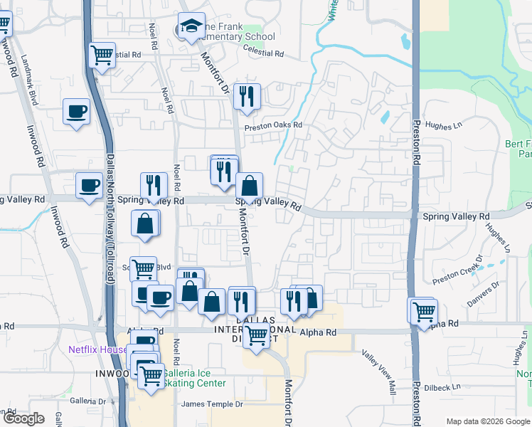 map of restaurants, bars, coffee shops, grocery stores, and more near 14010 Montfort Drive in Dallas