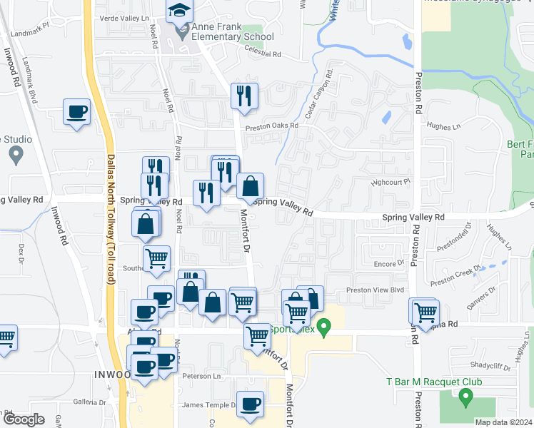 map of restaurants, bars, coffee shops, grocery stores, and more near 14010 Montfort Drive in Dallas