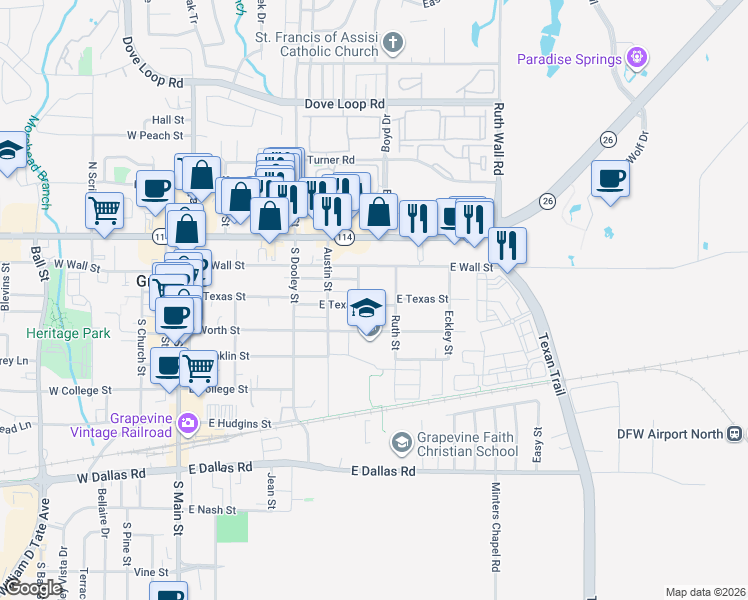 map of restaurants, bars, coffee shops, grocery stores, and more near 308 Ruth Street in Grapevine