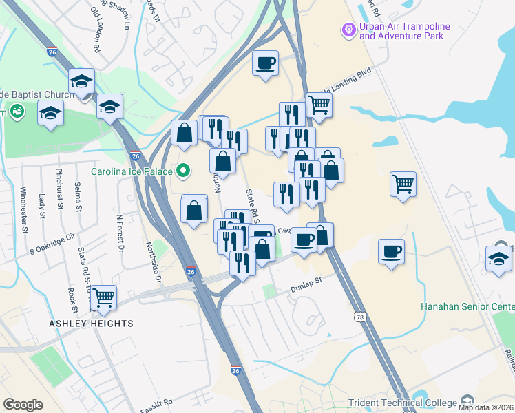 map of restaurants, bars, coffee shops, grocery stores, and more near 7588 Stafford Street in Charleston