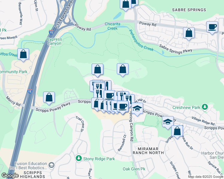 map of restaurants, bars, coffee shops, grocery stores, and more near 10665 Wexford Street in San Diego