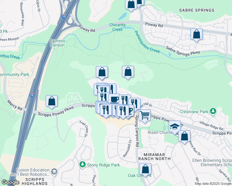 map of restaurants, bars, coffee shops, grocery stores, and more near 10665 Wexford Street in San Diego
