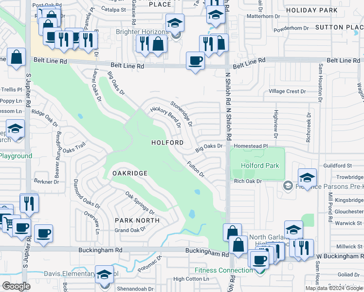 map of restaurants, bars, coffee shops, grocery stores, and more near 2625 Big Oaks Drive in Garland