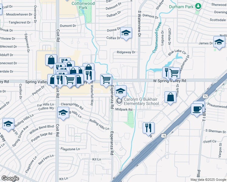 map of restaurants, bars, coffee shops, grocery stores, and more near 14016 Esperanza Road in Dallas