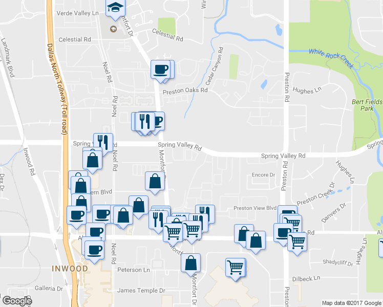 map of restaurants, bars, coffee shops, grocery stores, and more near 5590 Spring Valley Road in Dallas