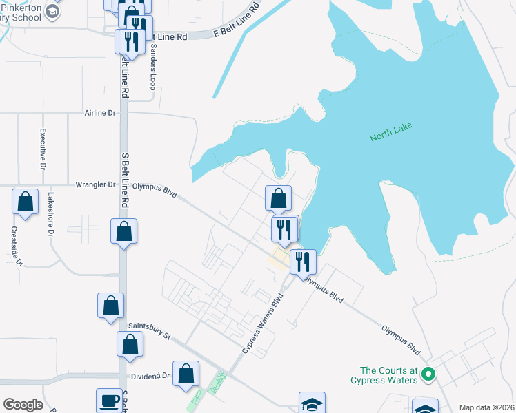 map of restaurants, bars, coffee shops, grocery stores, and more near 3333 Bleecker Street in Coppell