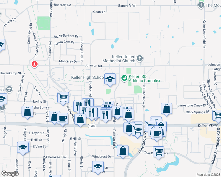 map of restaurants, bars, coffee shops, grocery stores, and more near 601 Pate Orr Road North in Keller