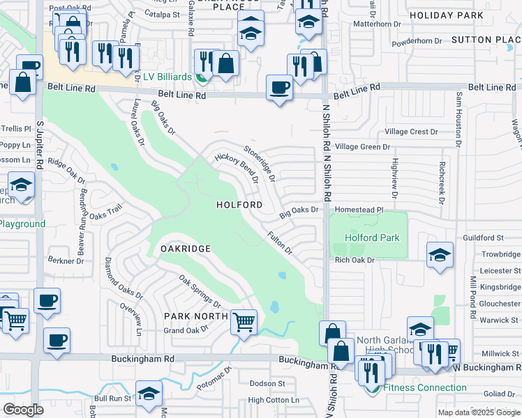 map of restaurants, bars, coffee shops, grocery stores, and more near 2625 Big Oaks Drive in Garland