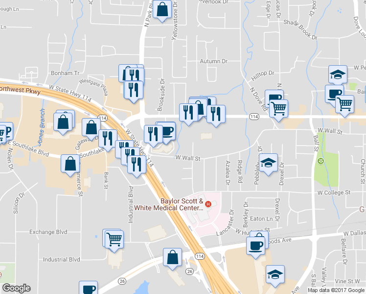 map of restaurants, bars, coffee shops, grocery stores, and more near 1850 West Wall Street in Grapevine