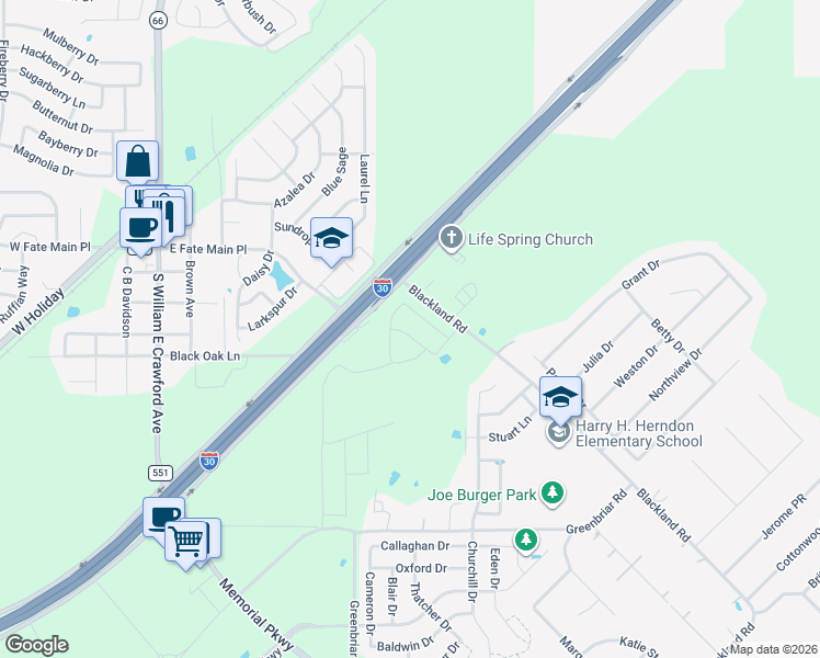 map of restaurants, bars, coffee shops, grocery stores, and more near 6000 Interstate 30 Frontage Road in Royse City