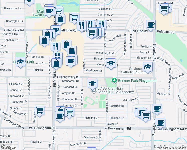 map of restaurants, bars, coffee shops, grocery stores, and more near 1703 East Spring Valley Road in Richardson
