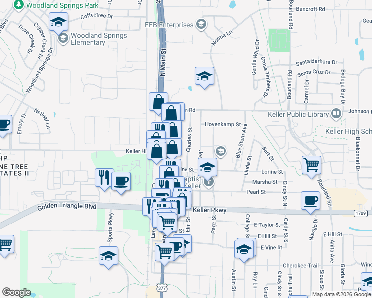 map of restaurants, bars, coffee shops, grocery stores, and more near 335 Charles Street in Keller