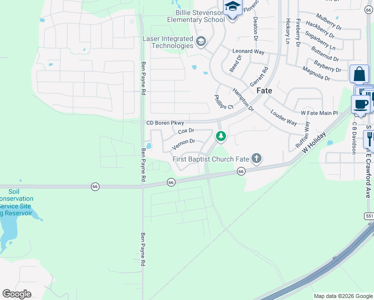 map of restaurants, bars, coffee shops, grocery stores, and more near 237 White Drive in Rockwall