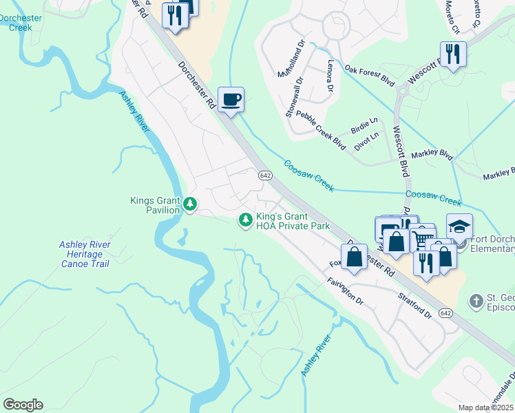 map of restaurants, bars, coffee shops, grocery stores, and more near 102 Saint James Place in Summerville