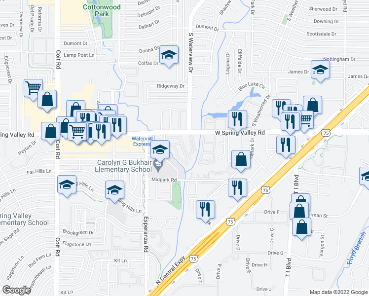 map of restaurants, bars, coffee shops, grocery stores, and more near 8654 Lazy Acres Circle in Dallas