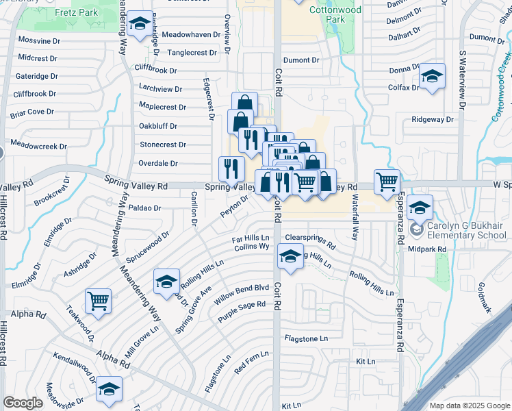 map of restaurants, bars, coffee shops, grocery stores, and more near 14034 Peyton Drive in Dallas