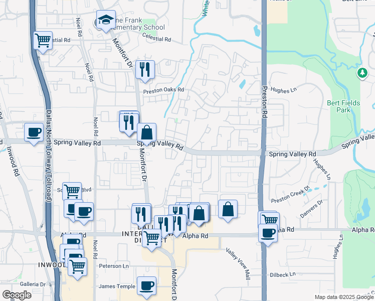 map of restaurants, bars, coffee shops, grocery stores, and more near 5636 Spring Valley Road in Dallas