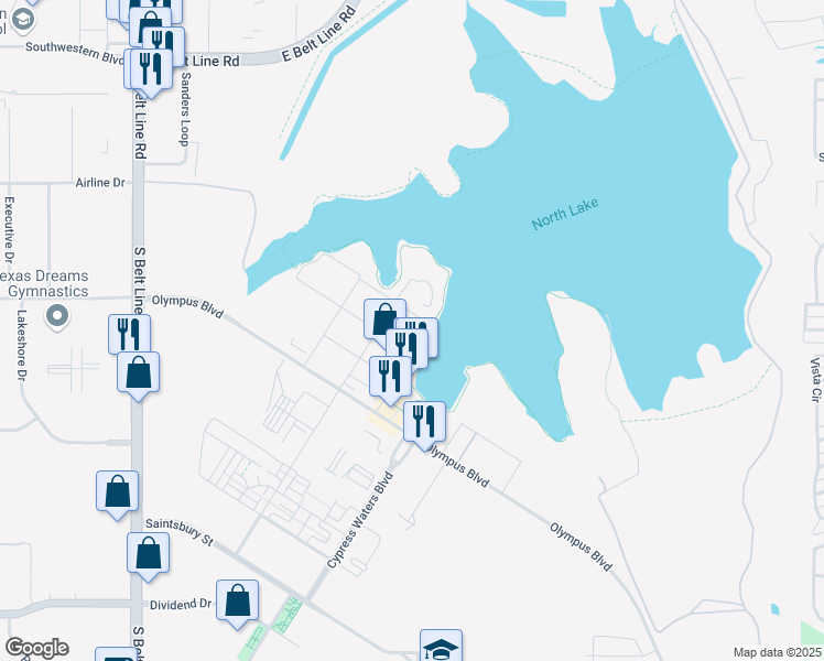 map of restaurants, bars, coffee shops, grocery stores, and more near 9700 Harpers Lane in Coppell