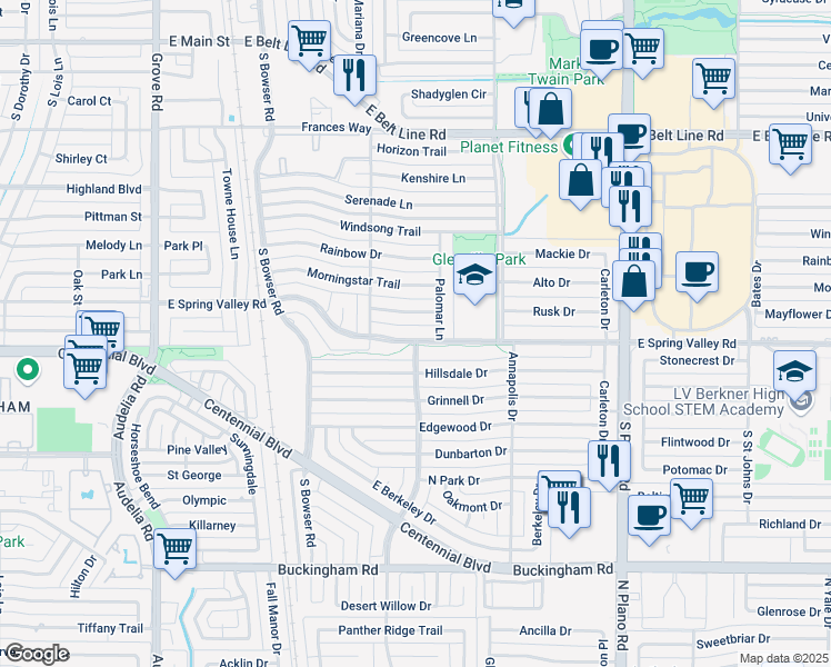 map of restaurants, bars, coffee shops, grocery stores, and more near 1113 East Spring Valley Road in Richardson