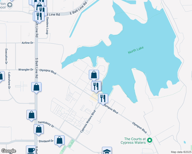 map of restaurants, bars, coffee shops, grocery stores, and more near 9700 Harpers Lane in Coppell