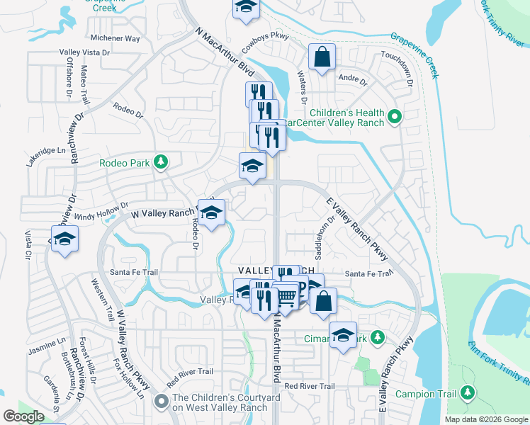 map of restaurants, bars, coffee shops, grocery stores, and more near 9801 North MacArthur Boulevard in Irving
