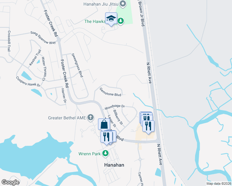 map of restaurants, bars, coffee shops, grocery stores, and more near 1420 Gemstone Boulevard in Hanahan