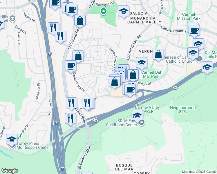 map of restaurants, bars, coffee shops, grocery stores, and more near 3949 Caminito Del Mar Surf in San Diego