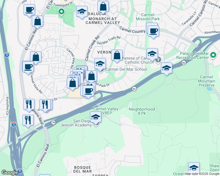 map of restaurants, bars, coffee shops, grocery stores, and more near 3975 Saint Agnes Court in San Diego