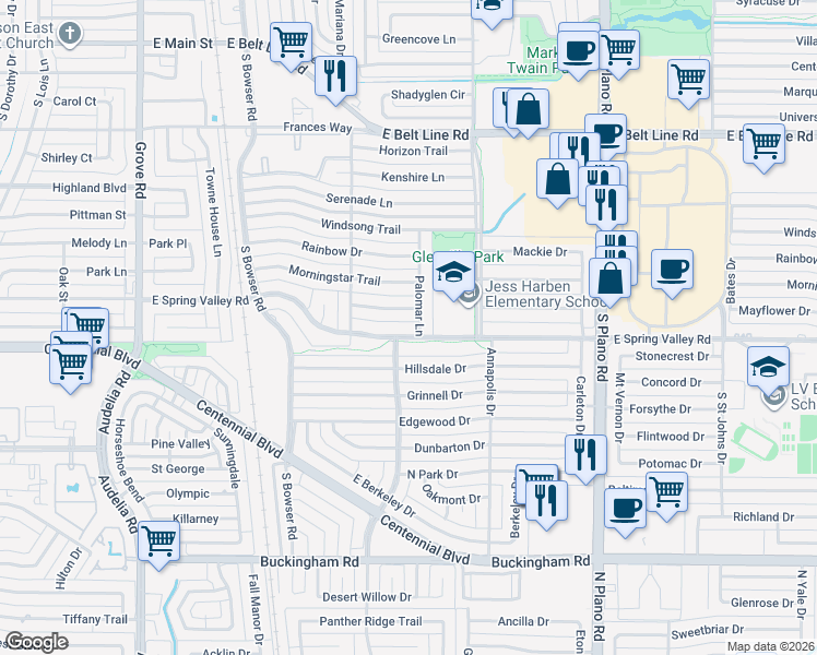map of restaurants, bars, coffee shops, grocery stores, and more near 1113 East Spring Valley Road in Richardson