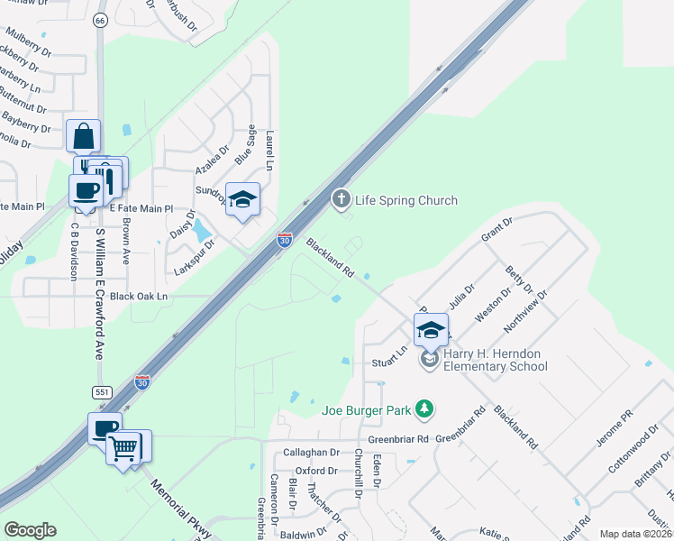map of restaurants, bars, coffee shops, grocery stores, and more near 990-1068 Blackland Road in Royse City