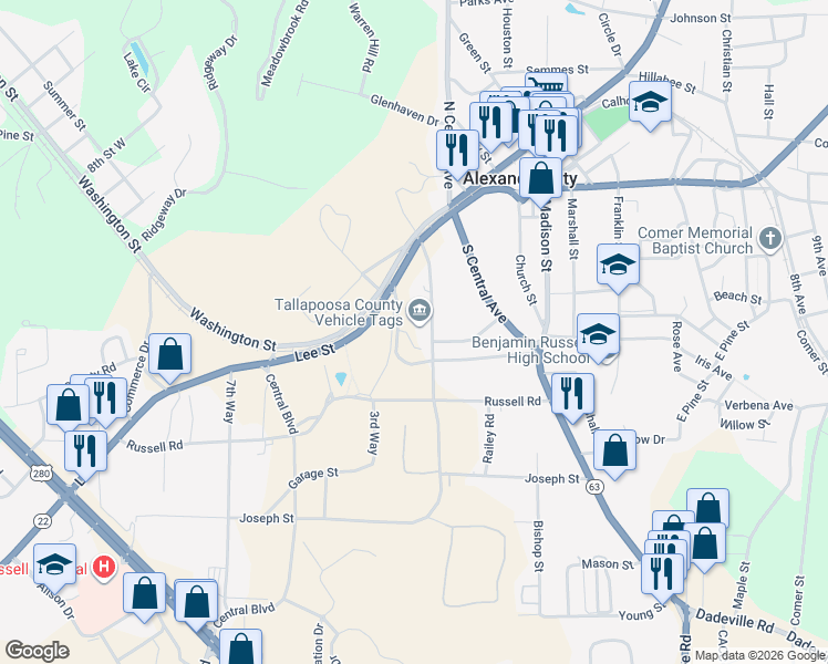 map of restaurants, bars, coffee shops, grocery stores, and more near 301-399 Elkahatchee Street in Alexander City