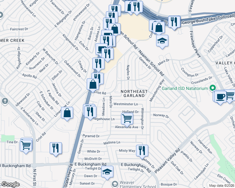 map of restaurants, bars, coffee shops, grocery stores, and more near 1114 Arbor Gate Drive in Garland