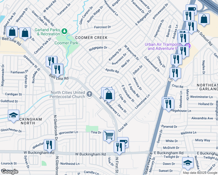 map of restaurants, bars, coffee shops, grocery stores, and more near 2226 Idlewood Drive in Garland