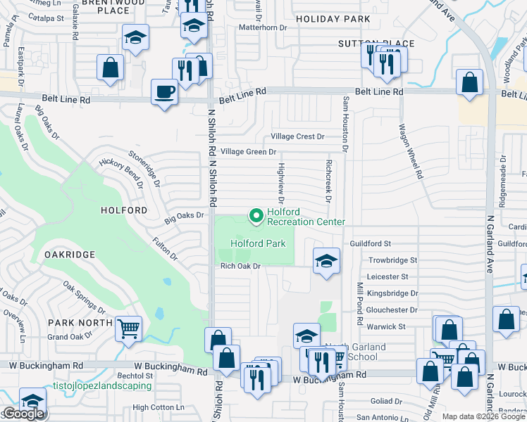 map of restaurants, bars, coffee shops, grocery stores, and more near 2214 Homestead Place in Garland