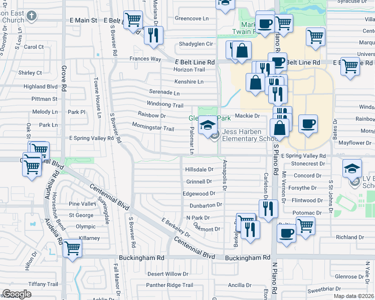 map of restaurants, bars, coffee shops, grocery stores, and more near 1113 East Spring Valley Road in Richardson