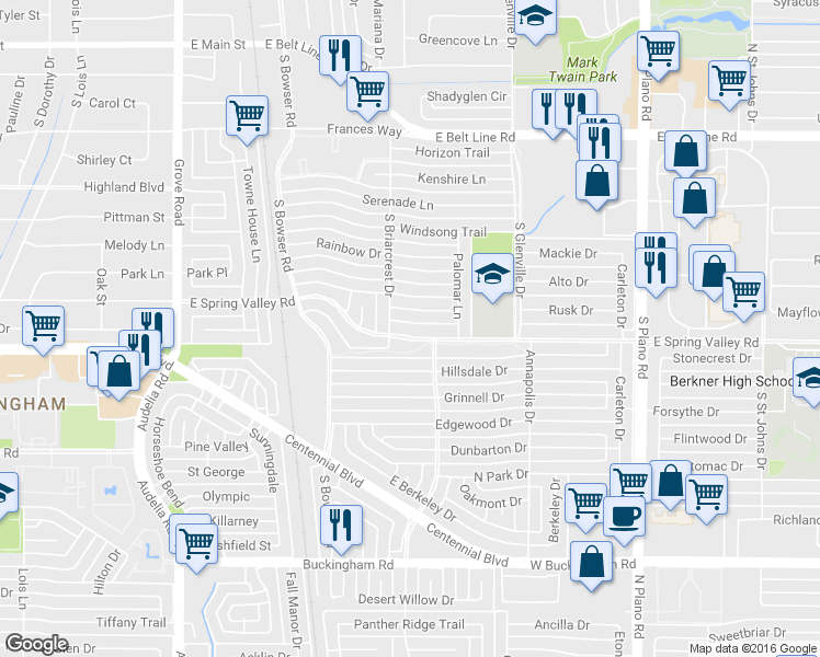 map of restaurants, bars, coffee shops, grocery stores, and more near 1008 East Spring Valley Road in Richardson