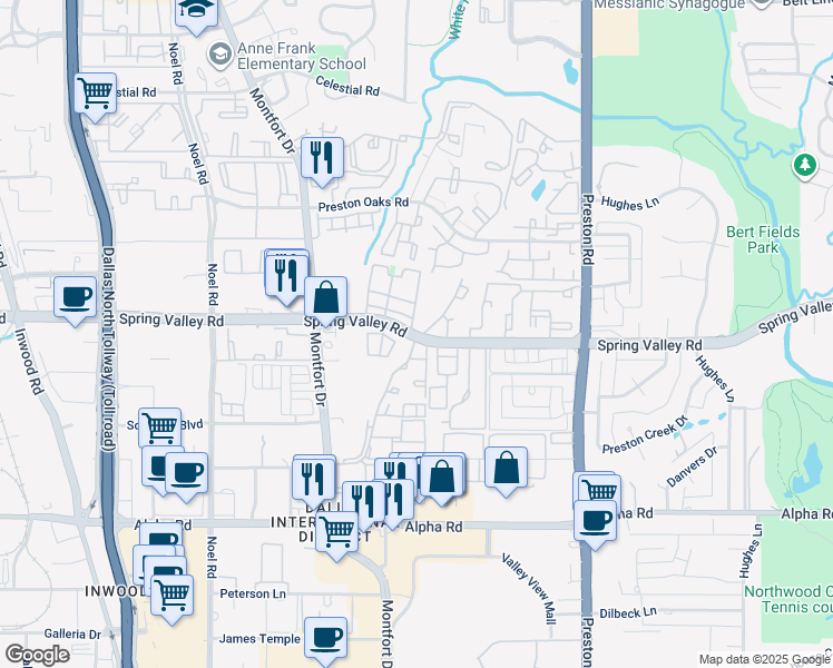 map of restaurants, bars, coffee shops, grocery stores, and more near 14 Spring Valley Road in Dallas