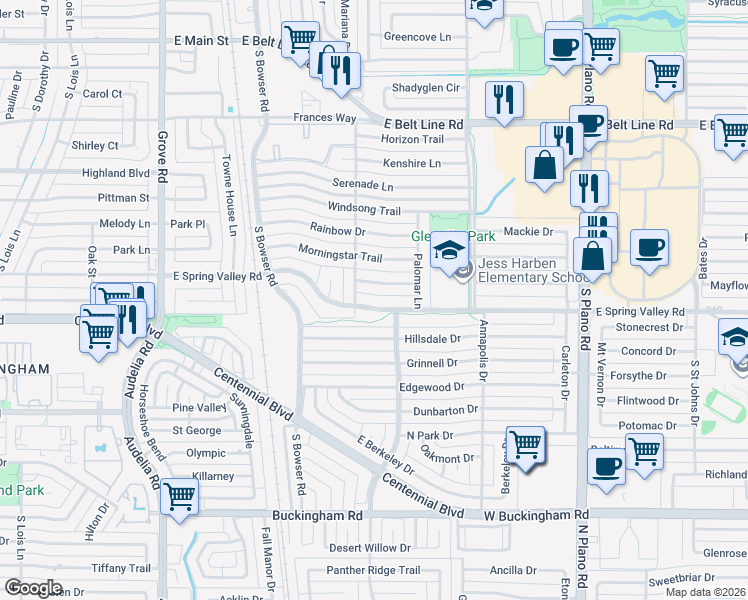 map of restaurants, bars, coffee shops, grocery stores, and more near 1008 East Spring Valley Road in Richardson