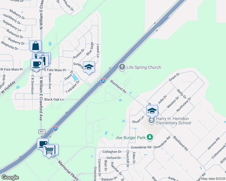 map of restaurants, bars, coffee shops, grocery stores, and more near 6000 Interstate 30 Frontage Road in Royse City