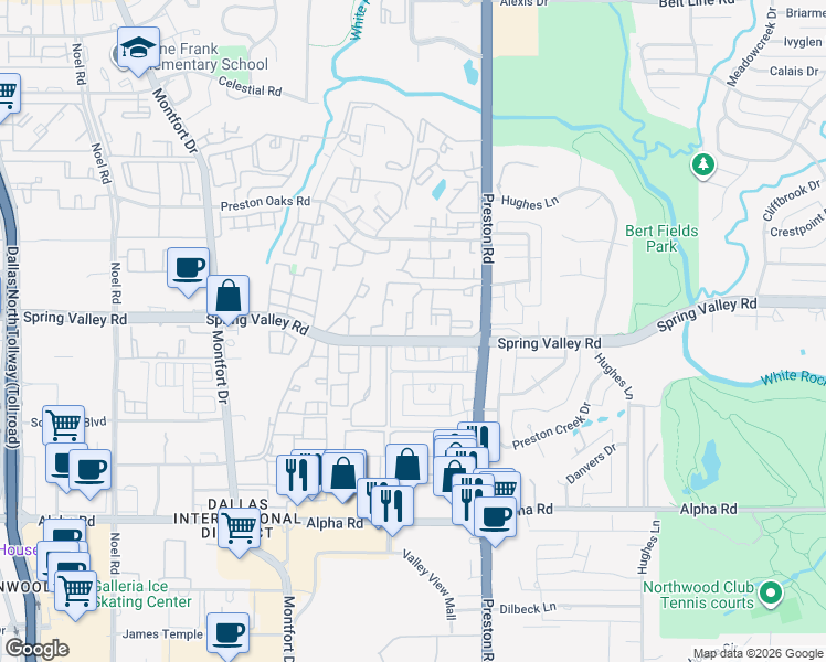 map of restaurants, bars, coffee shops, grocery stores, and more near 5801 Spring Valley Road in Dallas