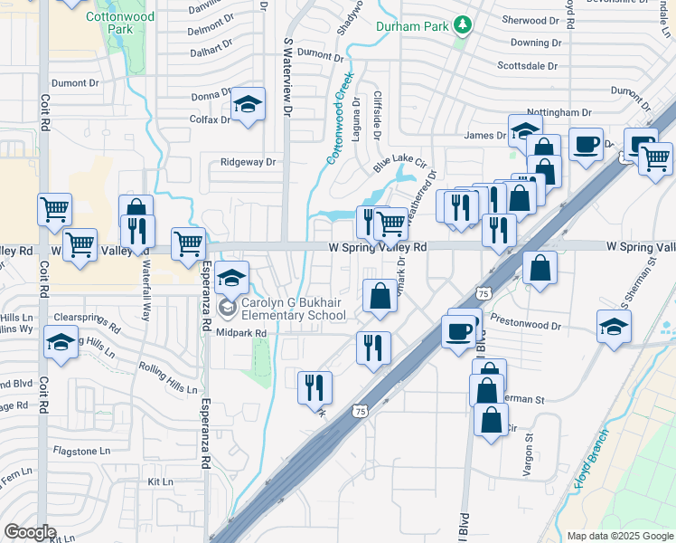 map of restaurants, bars, coffee shops, grocery stores, and more near 8550 Spring Valley Road in Dallas