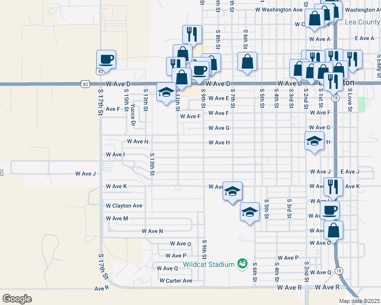 map of restaurants, bars, coffee shops, grocery stores, and more near 907 West Avenue I in Lovington