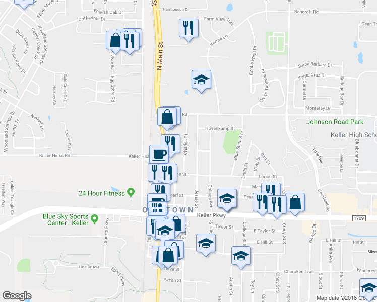map of restaurants, bars, coffee shops, grocery stores, and more near 336 Charles Street in Keller
