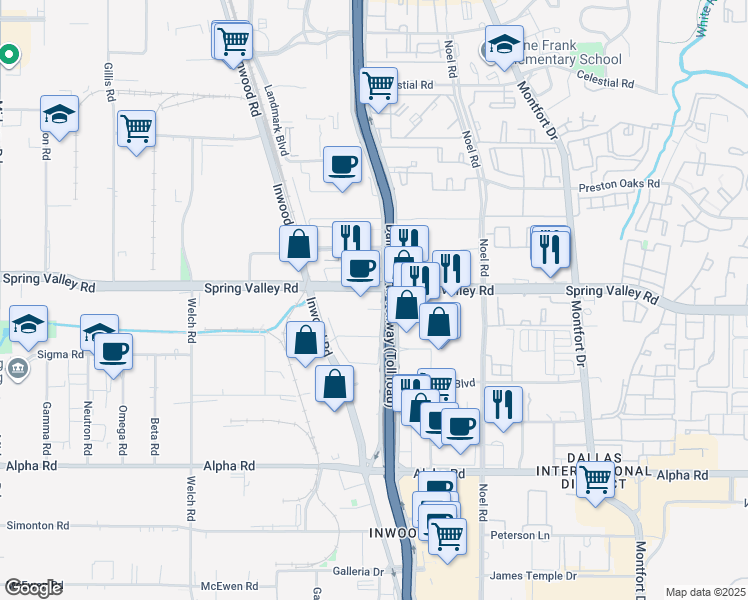 map of restaurants, bars, coffee shops, grocery stores, and more near 14185 Dallas North Tollway in Dallas