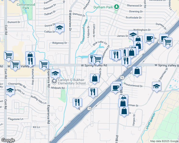 map of restaurants, bars, coffee shops, grocery stores, and more near 8600 Spring Valley Road in Dallas