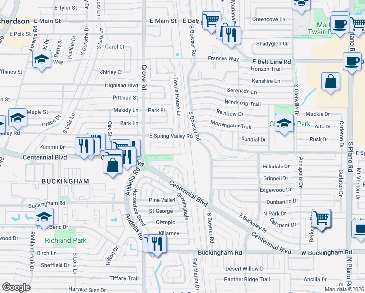 map of restaurants, bars, coffee shops, grocery stores, and more near 729 Towne House Lane in Richardson