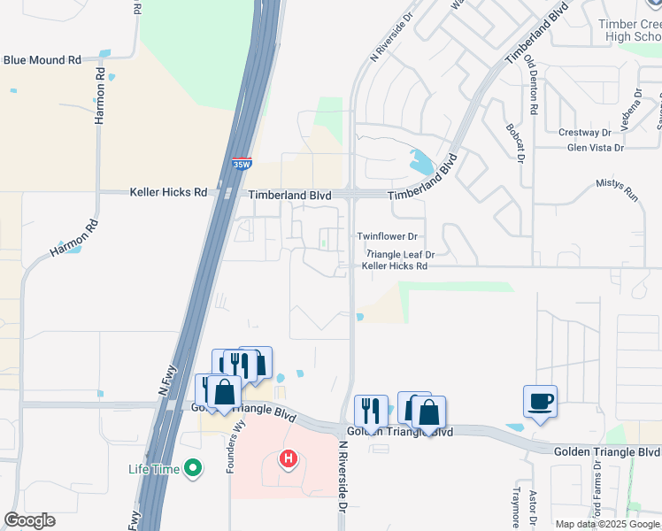 map of restaurants, bars, coffee shops, grocery stores, and more near 11401 North Riverside Drive in Fort Worth