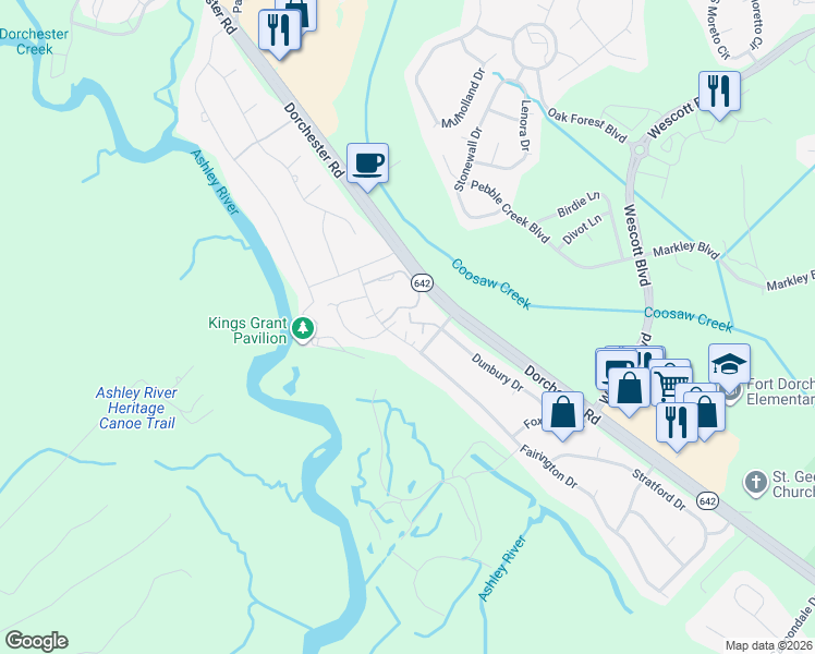 map of restaurants, bars, coffee shops, grocery stores, and more near 104 Saint James Place in Summerville